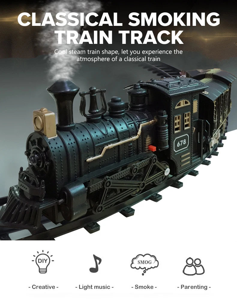 Classical Electric Train Track Set Spray Steam Train with Sound Simulated Locomotive Train Kit Retro Model Kids Boys Gift