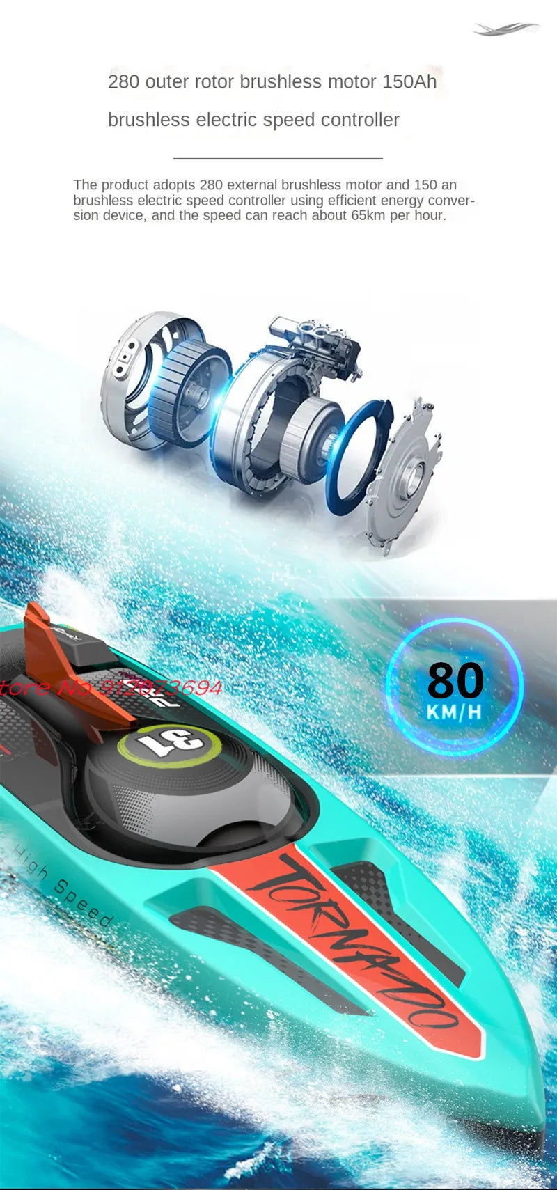 Waterproof Radio Control Electric Large Racing Speedboat Toy 80KM/H 200M 360° Turn LED Night Light Brushless High Speed RC Boat