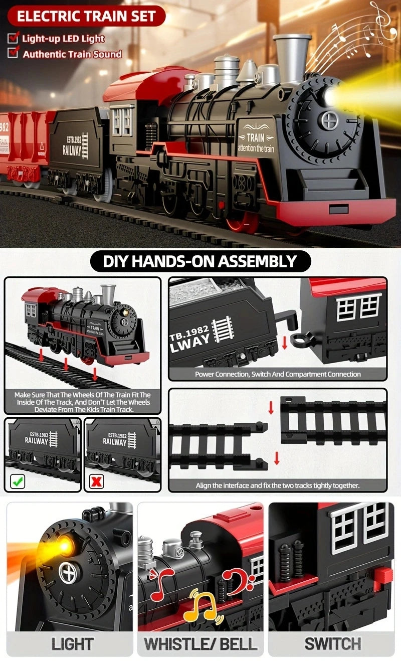 Electric Train Track Set with Lights Sound Retro Simulation Rail Car Model Children Railway Toys Kids Christmas Gift