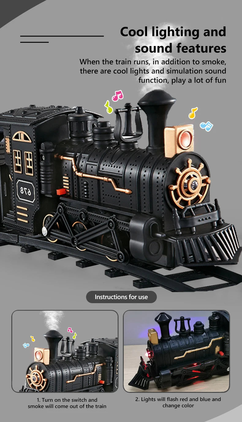 Classical Electric Train Track Set Spray Steam Train with Sound Simulated Locomotive Train Kit Retro Model Kids Boys Gift