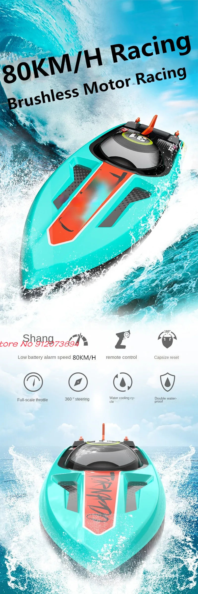 Waterproof Radio Control Electric Large Racing Speedboat Toy 80KM/H 200M 360° Turn LED Night Light Brushless High Speed RC Boat
