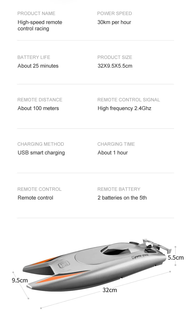 2.4G RC Boat 30KM/H High Speed Dual Motor 2CH Waterproof Remote Control Racing Ship Toy - 20Mins Battery for Kids & Adults