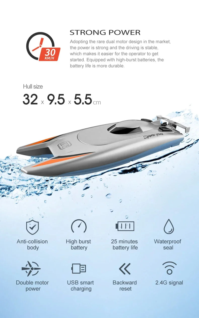 2.4G Radio Rc Boat 30Km/h Racing Boat High Speed Speedboat 20Mins Battery 2 Ch Dual Motor Waterproof Remote Control Ship Toy Boy