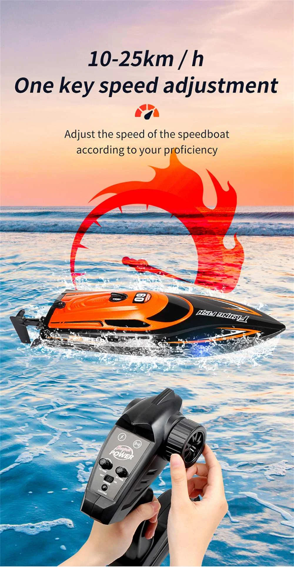 2.4G 4CH RC Boat Waterproof 25km/H High Speed Electric Racing Speedboat with LED Light Outdoor Lakes Pools Toys for Boys Kids
