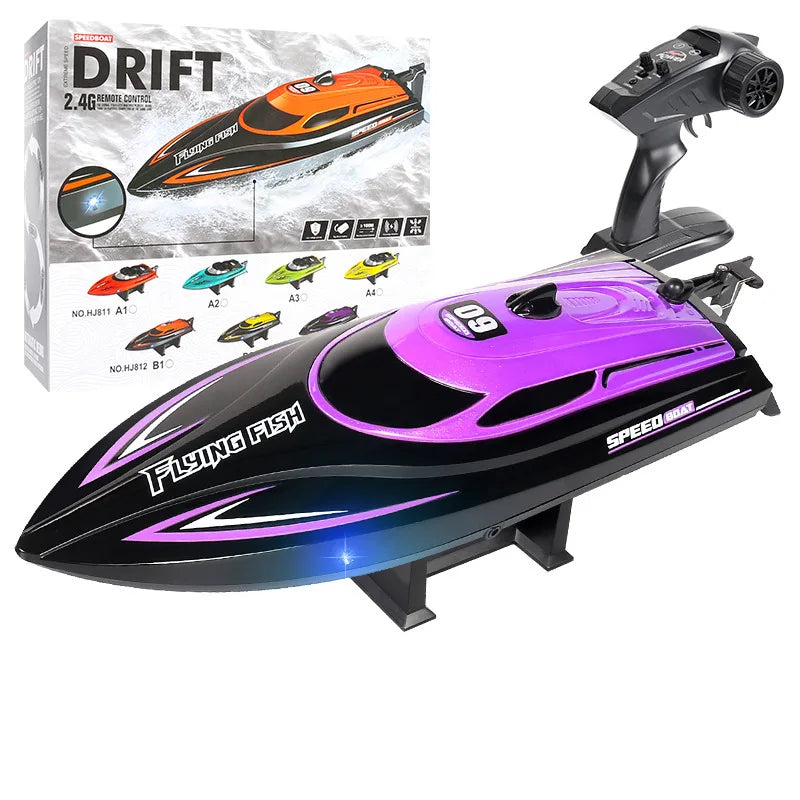 2.4G 4CH RC Boat Waterproof 25km/H High Speed Electric Racing Speedboat with LED Light Outdoor Lakes Pools Toys for Boys Kids