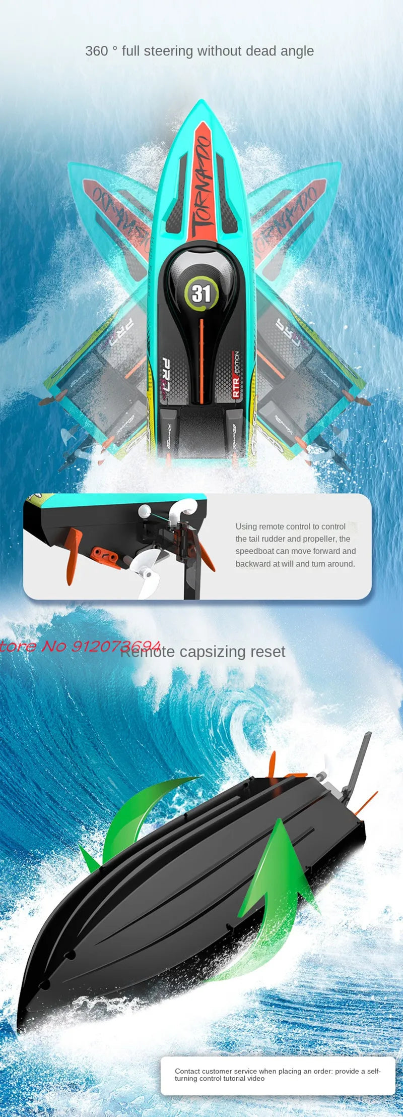 Waterproof Radio Control Electric Large Racing Speedboat Toy 80KM/H 200M 360° Turn LED Night Light Brushless High Speed RC Boat
