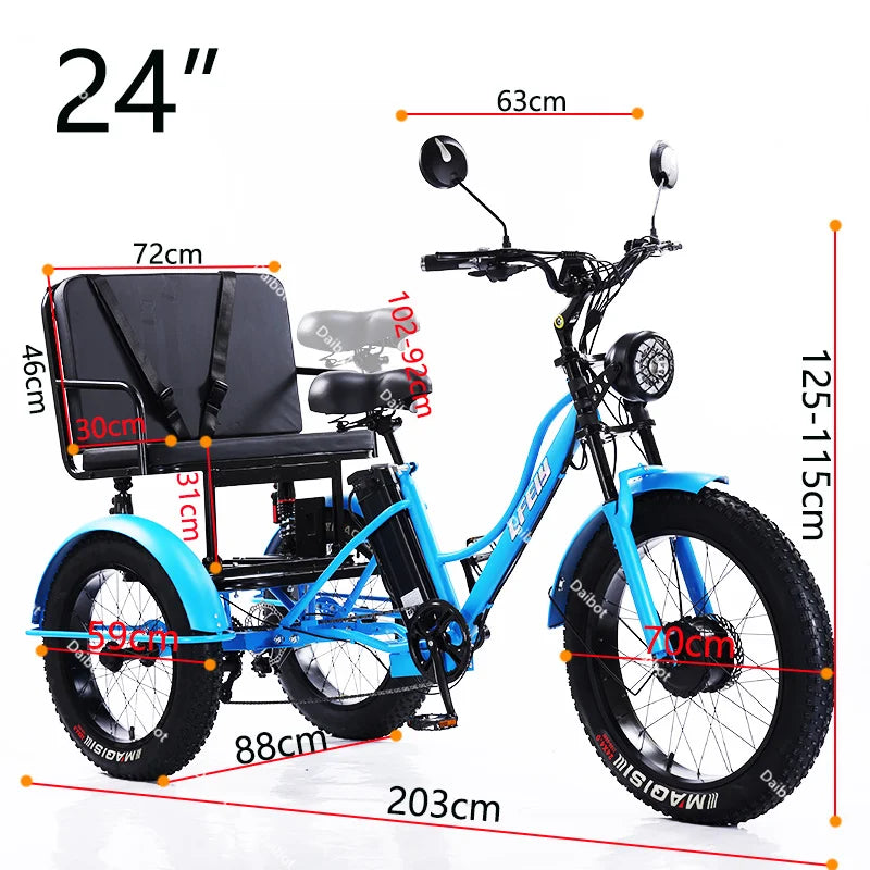 48V 750W Electric Bike For Man Powerful 24 Inch Fat Tire Bike All Terrain Electric Tricycles 3 Wheels for Adults Elderly