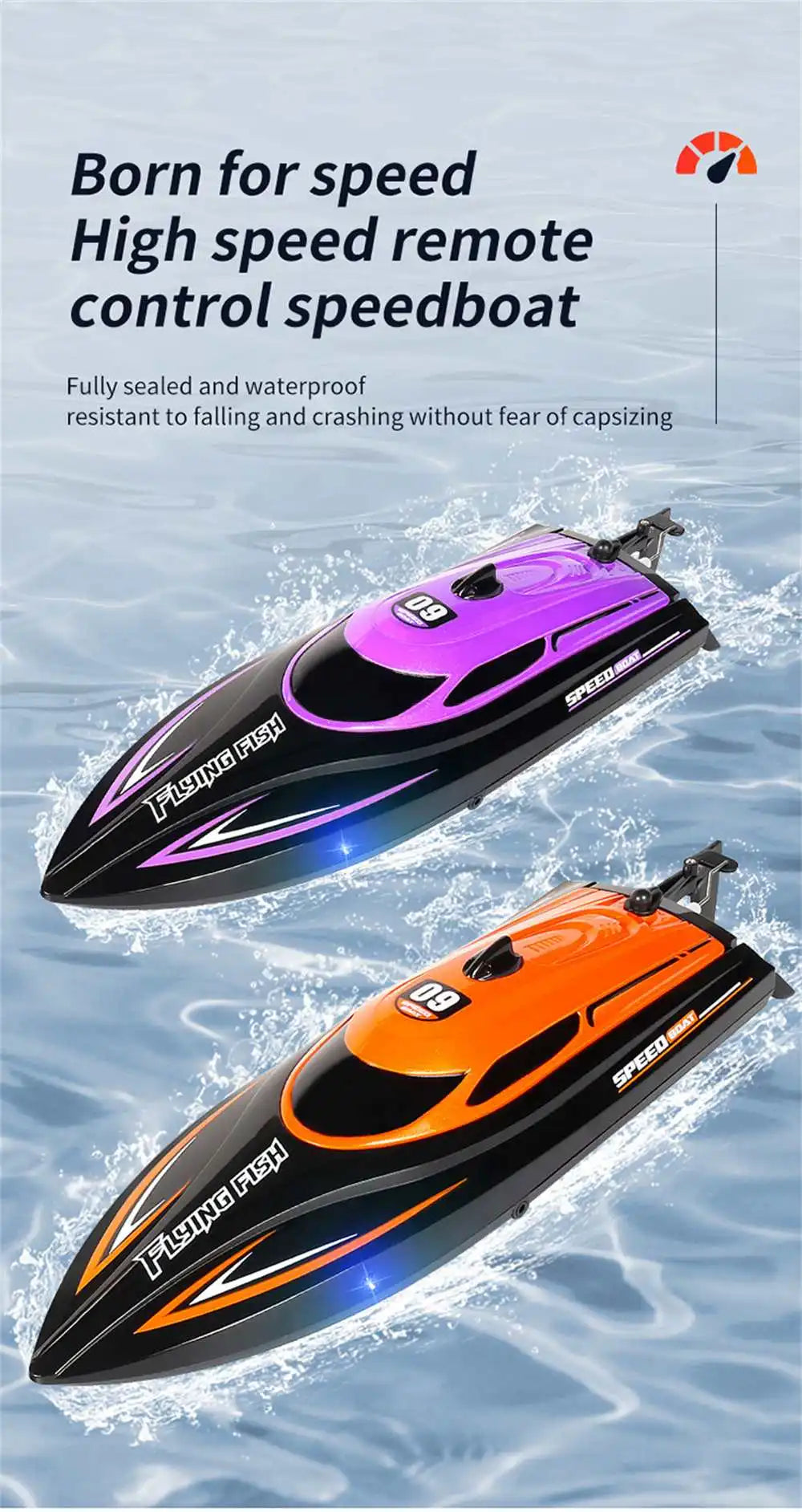 2.4G 4CH RC Boat Waterproof 25km/H High Speed Electric Racing Speedboat with LED Light Outdoor Lakes Pools Toys for Boys Kids