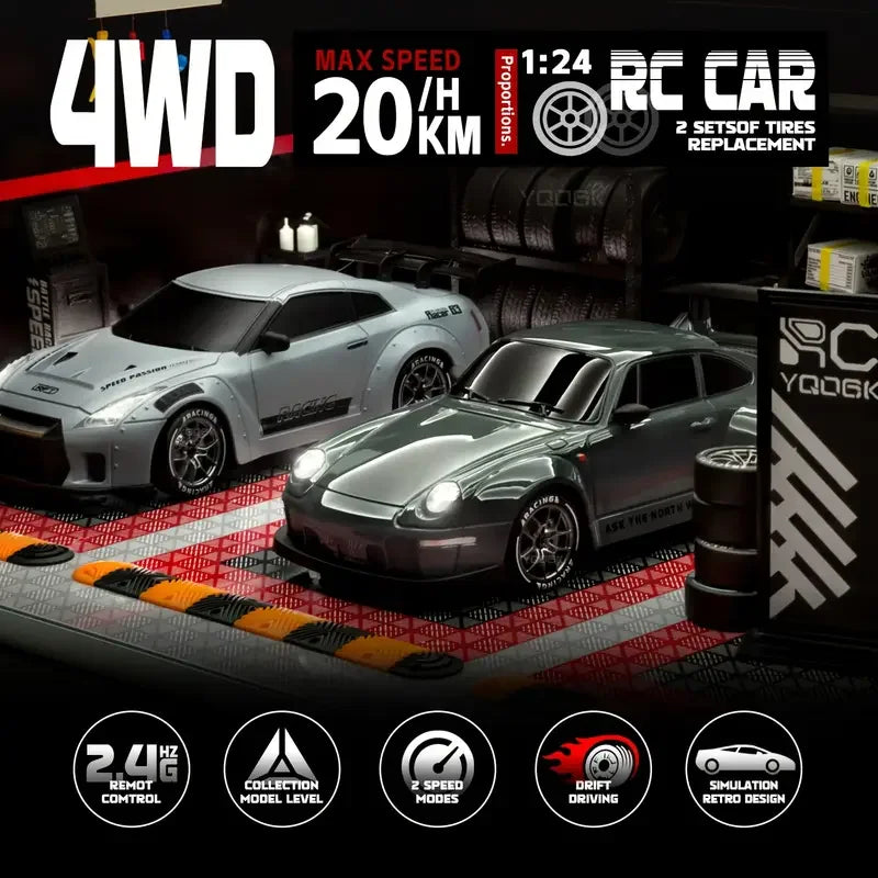 RC Cars 1:24 Remote Control Car 20KM/H 4WD High Speed RC Drift Car with LED Lights Extra Drifting Tires Vehicles for Adults Kids