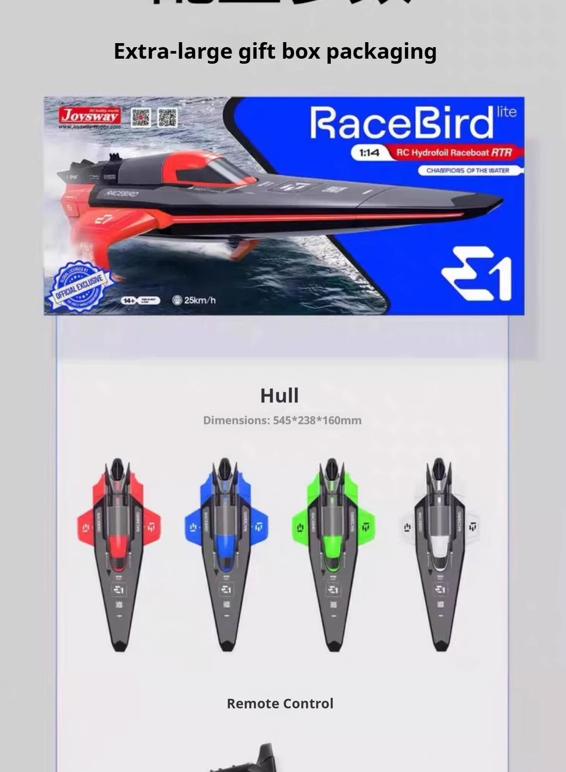 E1 Racebird Professional RC Remote Control Electric Boat High-Speed Water-Cooled Motor Hydrofoil Model Toy for Water Sports