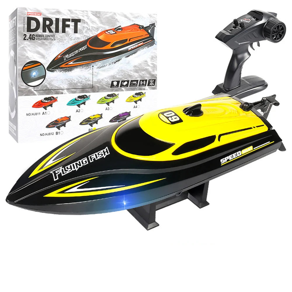 2.4G 4CH RC Boat Waterproof 25km/H High Speed Electric Racing Speedboat with LED Light Outdoor Lakes Pools Toys for Boys Kids