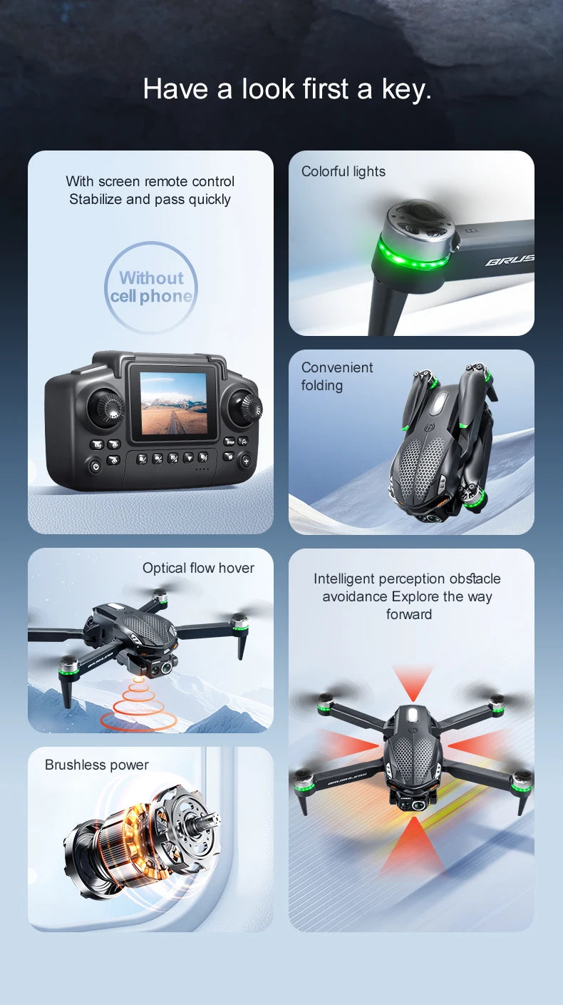 2025 S168 RC Drone 2.4inch Screen Brushless Motor 8K HD Dual Cameras Optical Flow Positioning Intelligent Avoidance Aircraft Toy